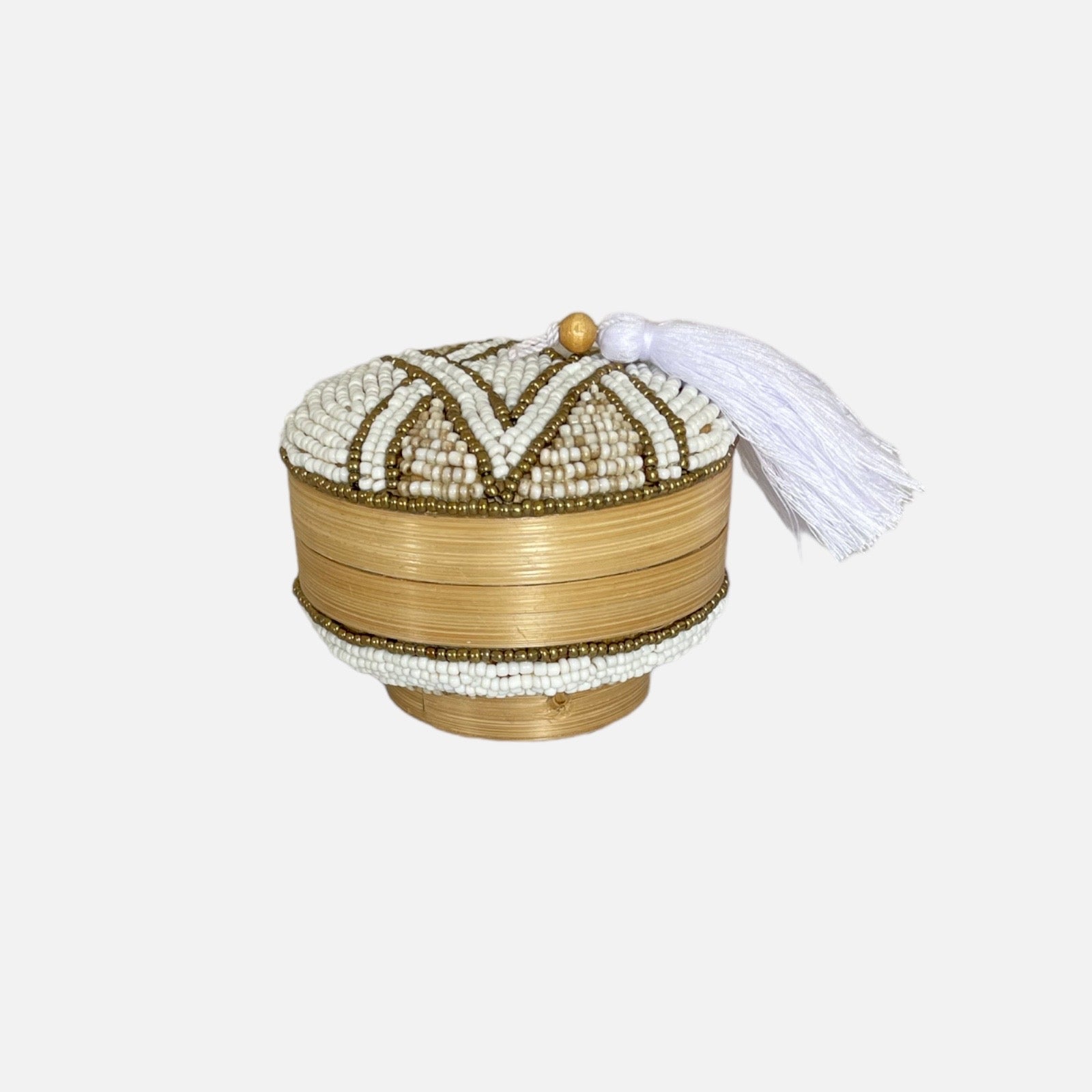 Melasti Bead Box Round with Tassel - White and Gold